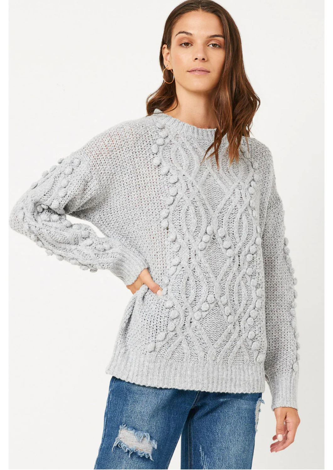 Cable Knit Sweater Pom Pom